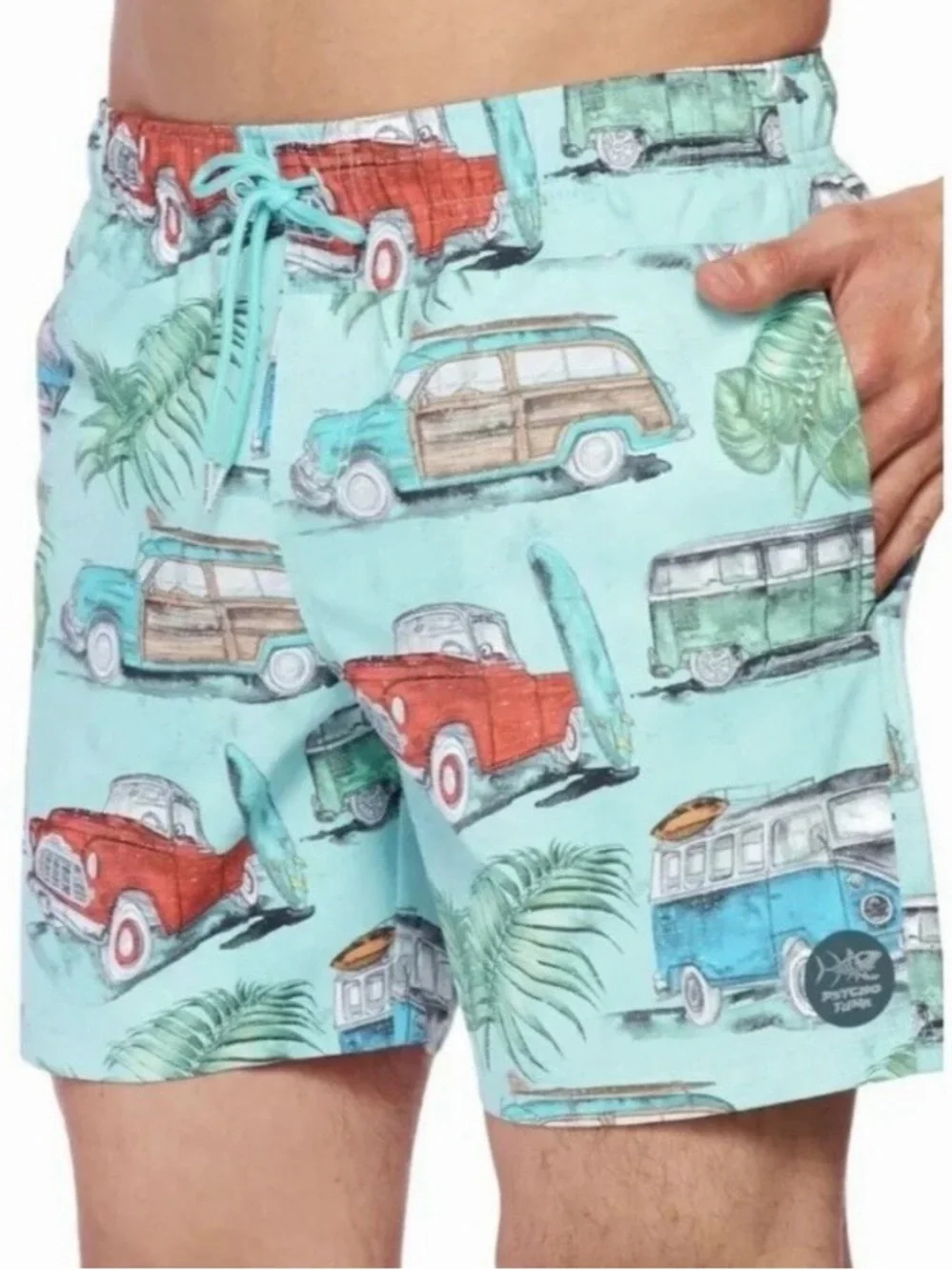 Psycho Tuna NWOT Sz Large Classic Cars Blue Surf Swim Trunks Board Shorts Pool